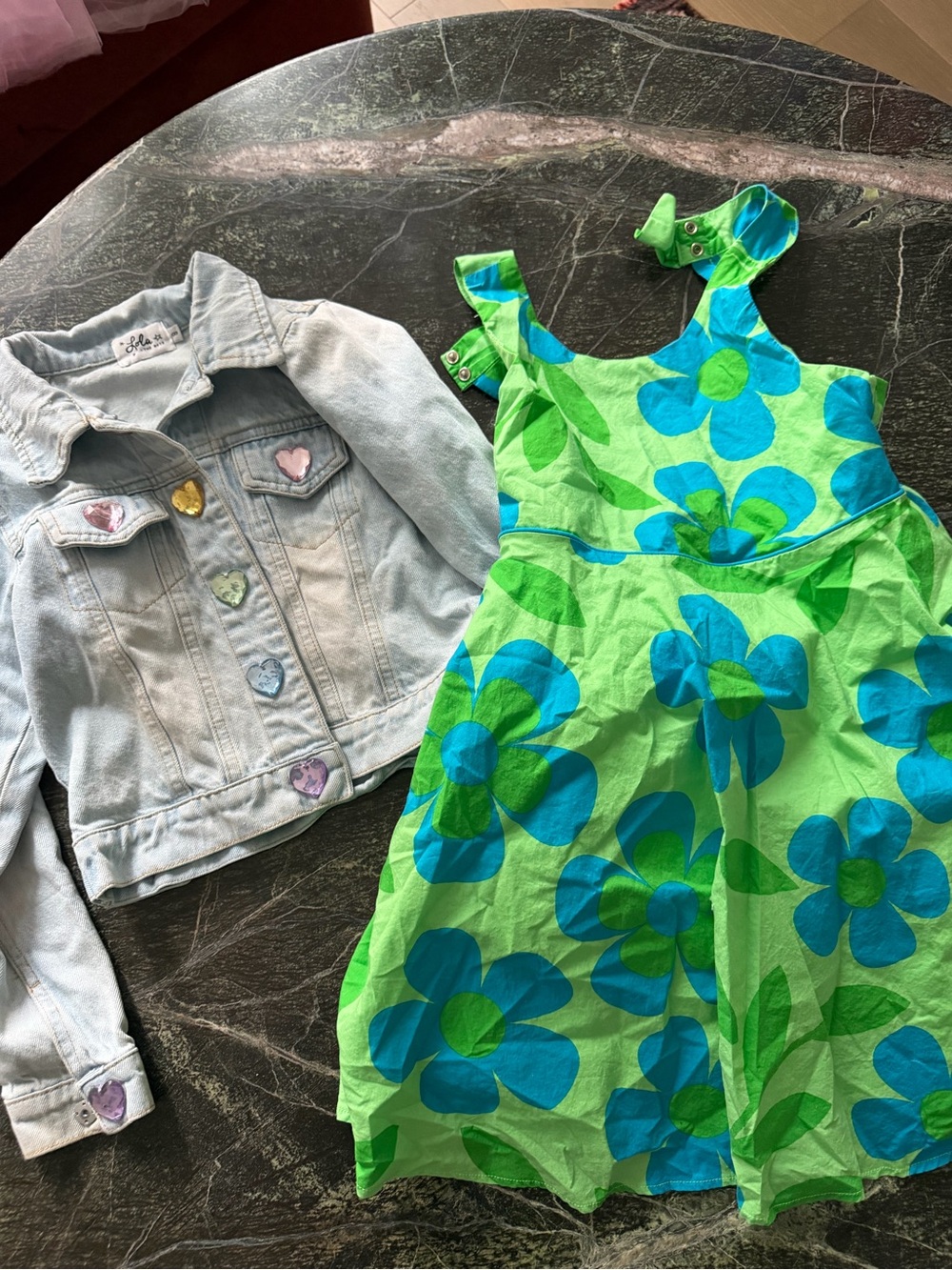 Lola + The Boys unicorn denim jacket, green dress